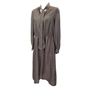 J. McLaughlin Dress Sz L Brown Silk Blend Horsebit Grid Print Neck Tie NWOT